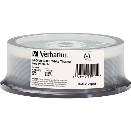 VERBATIM M-Disc Bdxl 100Gb 4X White Thermal Printable, Hub Printable-25Pk, PK25 98916